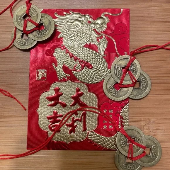 Chinese New Year Red Lucky Money Envelope 3 Feng Shui Coin Set - Picture 1 of 9